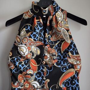 60's 70's Mod Sleeveless Floral Halter Maxi Hostess Dress in Black, Persimon